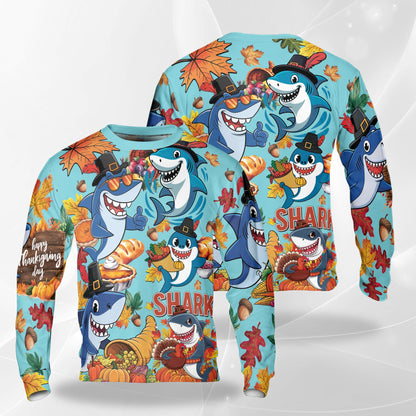Netecom Thanksgiving Shark Sweatshirt 3D All Over Print, Funny Holiday Autumn Design, Crewneck Pullover for Costume Party