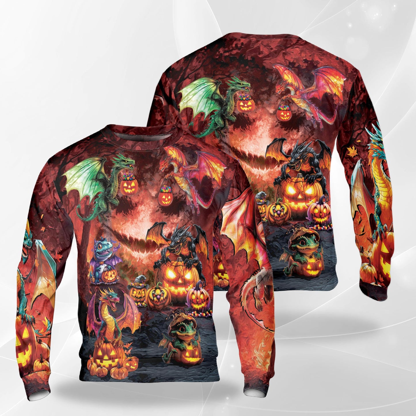 Netecom Halloween Dragon Pumpkin Sweatshirt 3D All Over Print, Fantasy Spooky Outfit, Crewneck Pullover for Costume Party