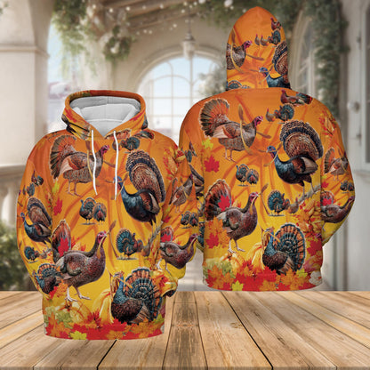Netecom Thanksgiving Turkey 3D Hoodie with Front Pocket, Unisex Casual All Over Autumn Leaves Graphic Sweatshirt