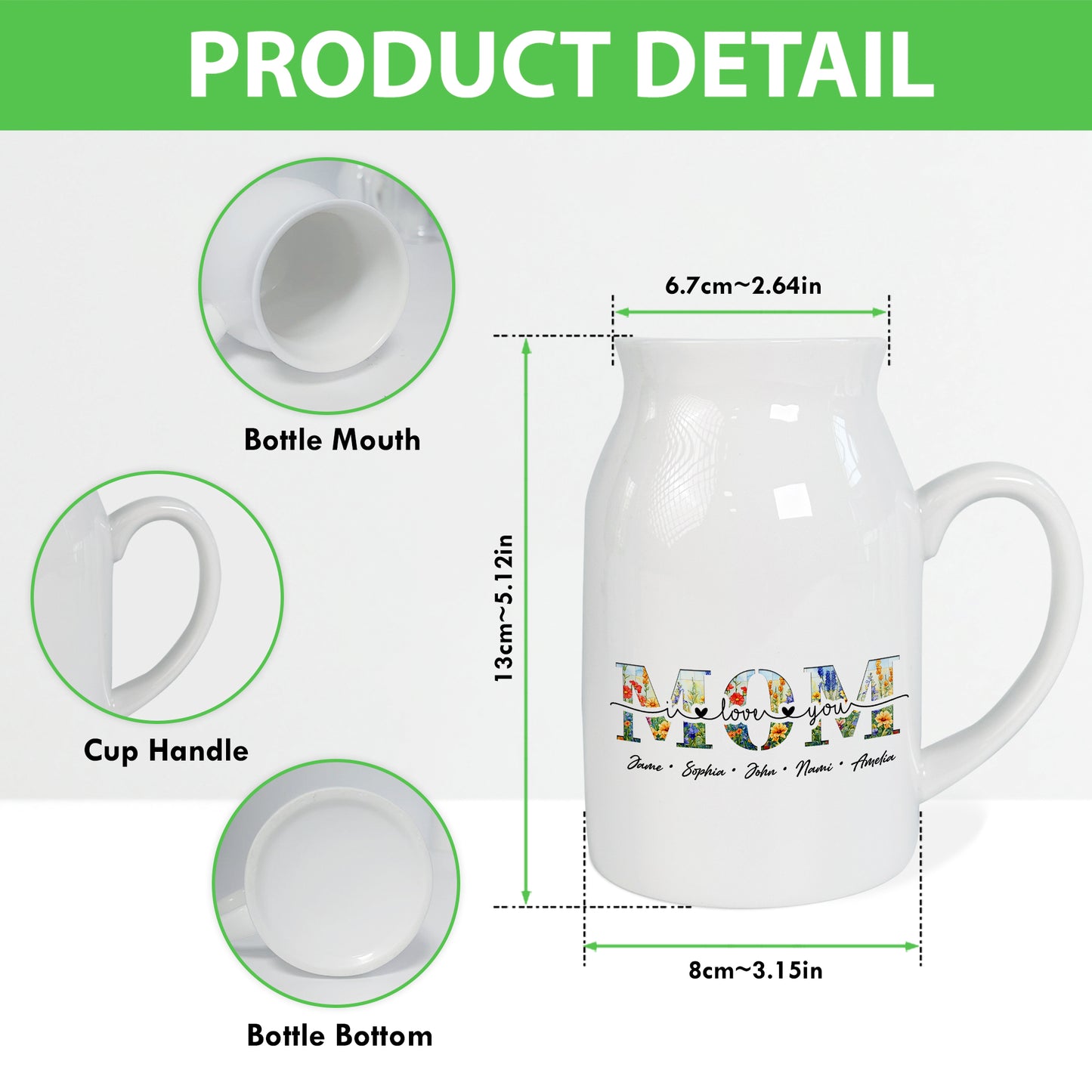 Netecom Personalized MOM Flower Vase with Custom Names, Elegant Ceramic Jug Gift for Birthday, Christmas, or Mother’s Day