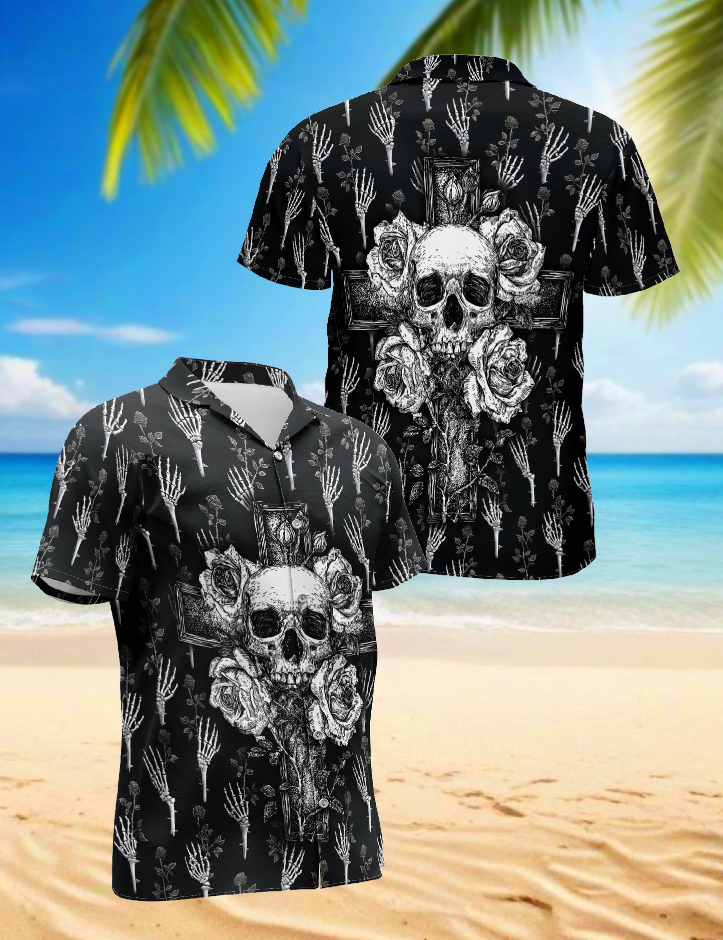 Netecom Black And White Skull Roses Hawaiian Shirt for Men, Skeleton Hand Flower Print Button Down Summer Beach Shirts