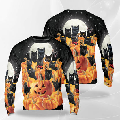 Netecom Halloween Black Cat Pumpkin Sweatshirt 3D All Over Print, Full Moon Spooky Outfit, Crewneck Pullover for Costume Party