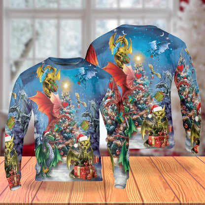 Netecom Fantasy Dragons Christmas Tree Sweatshirt All Over 3D Print – Unisex Crewneck Pullover, Lightweight Fleece Casual Outfit