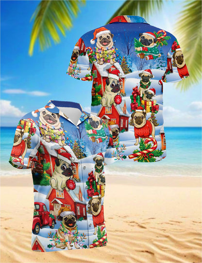 Netecom Funny Pug Christmas Hawaiian Shirt for Men, Cute Dog Holiday Print Button Down Summer Beach Short Sleeve Shirt, S-5XL