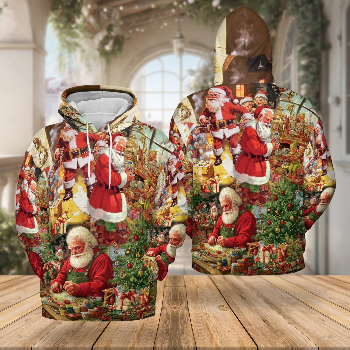 Netecom Santa Claus Christmas 3D Hoodie with Front Pocket, Unisex Casual All Over Festive Holiday Graphic Sweatshirt