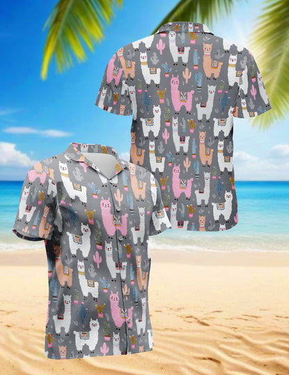 Netecom Cute Llama Hawaiian Shirt, Colorful Alpacas and Cactus Pattern Button Down Short Sleeve Shirt