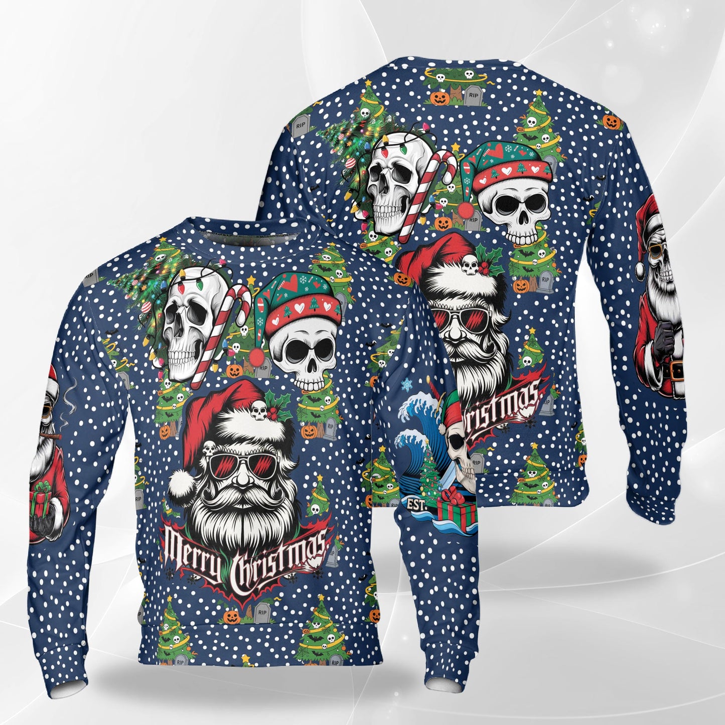 Netecom Christmas Skull Sweatshirt 3D All Over Print, Gothic Santa Clause Design, Crewneck Pullover for Costume Party