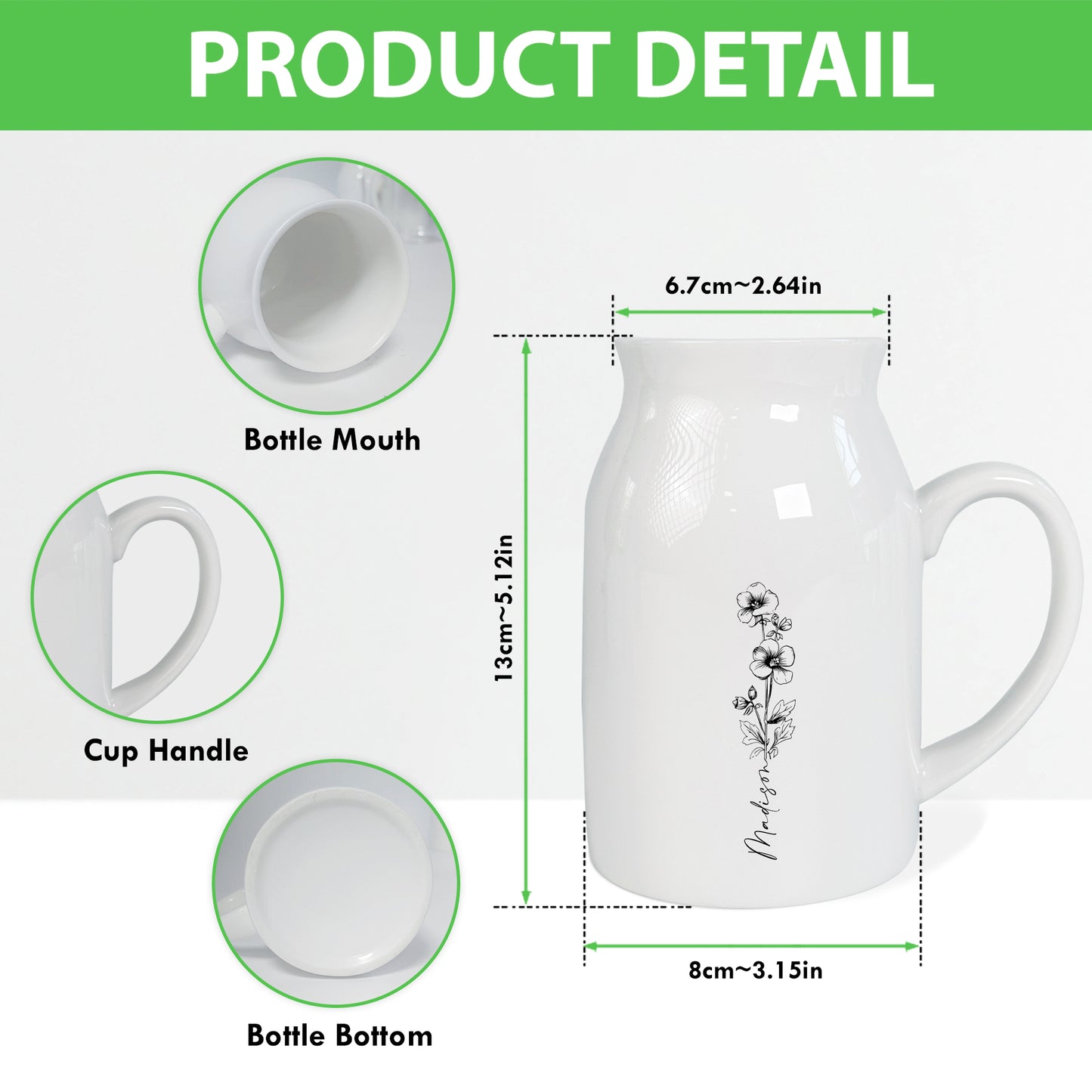 Netecom Personalized Birth Flower Ceramic Jug Vase with Custom Name, Elegant Home Decor Pitcher, Unique Gift for Birthday, Mother’s Day, or Christmas