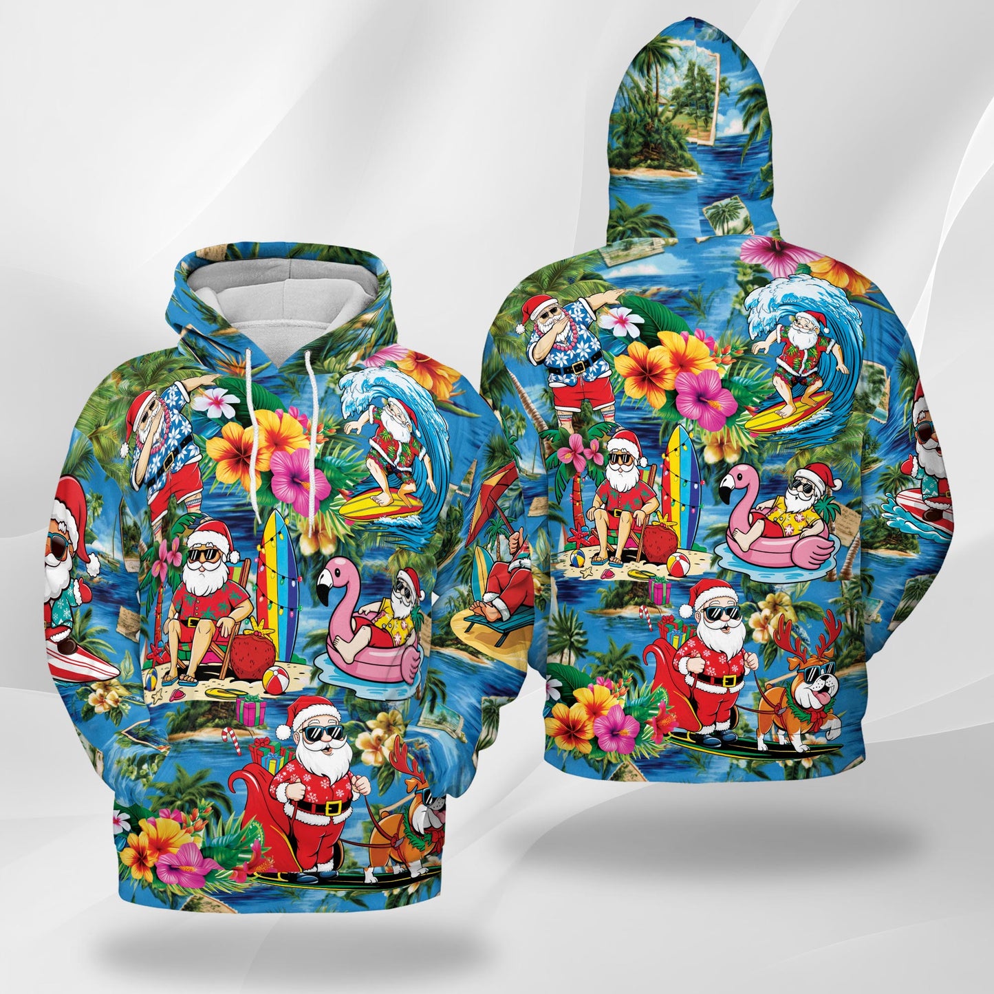 Netecom Christmas Santa Claus On The Beach Print Hoodie with Front Pocket, All Over Graphic Sweatshirt Unisex Casual