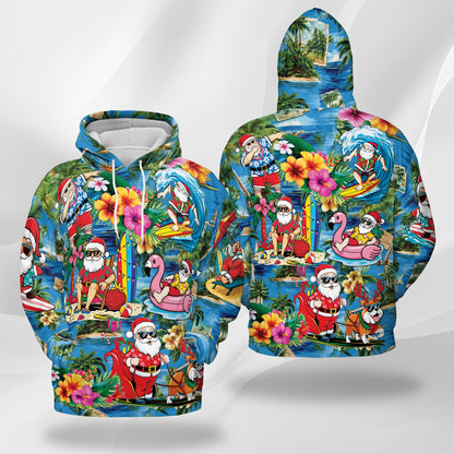 Netecom Christmas Santa Claus On The Beach Print Hoodie with Front Pocket, All Over Graphic Sweatshirt Unisex Casual