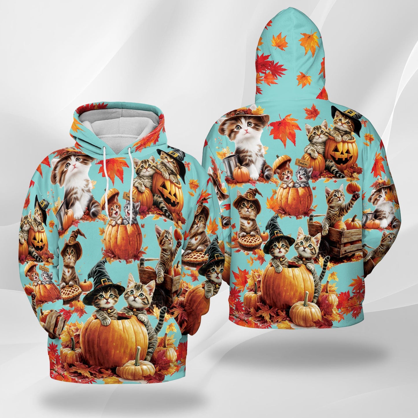 Netecom Cat Pumpkin Print Hoodie with Front Pocket, All Over Cute Kitten Halloween Holiday Graphic Sweatshirt Unisex Casual