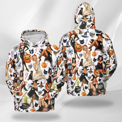 Netecom Pinup Girls Halloween 3D Print Hoodie with Front Pocket, All Over Graphic Pumpkin Skull Sweatshirt Unisex Casual