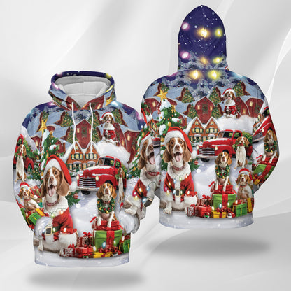 Netecom Brittany Spaniel Christmas Print Hoodie with Front Pocket, All Over Festive Dog Graphic Sweatshirt Unisex Casual