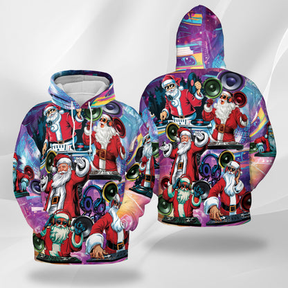 Netecom DJ Santa Claus Christmas Print Hoodie with Front Pocket, All Over Music Party Graphic Sweatshirt Unisex Casual