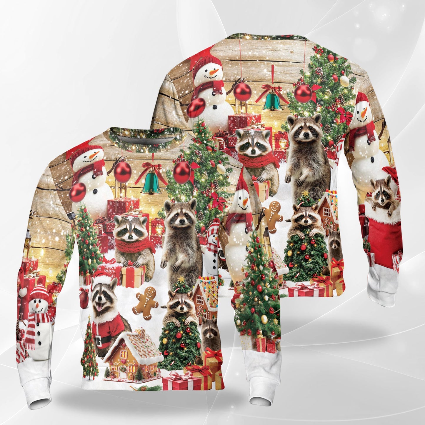 Netecom Cute Christmas Raccoon Sweatshirt 3D All Over Print, Raccoon Lover Gifts, Crewneck Pullover for Costume Party