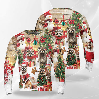 Netecom Cute Christmas Raccoon Sweatshirt 3D All Over Print, Raccoon Lover Gifts, Crewneck Pullover for Costume Party