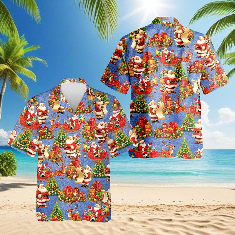 Netecom Santa Claus Christmas Night Hawaiian Shirt, Vintage Xmas Tree Gift Print Button Down Summer Beach Shirts, S-5XL