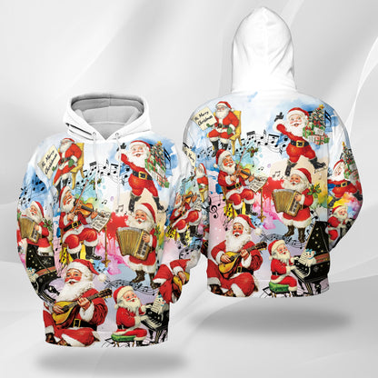 Netecom Musical Santa Claus Christmas Print Hoodie with Front Pocket, All Over Funny Holiday Graphic Sweatshirt Unisex Casual