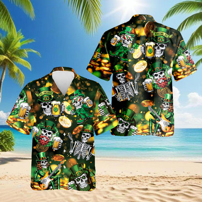 Netecom St Patrick's Day Skull Beer Hawaiian Shirt for Men Women, Button Down Summer Beach Short Sleeve Shirts