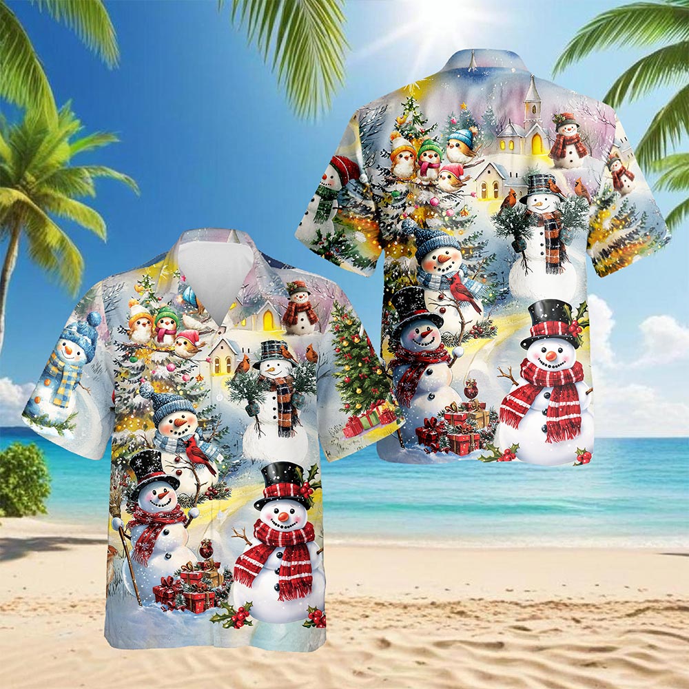Netecom Snowman Christmas Hawaiian Shirt for Men Women, Winter Snow Tree Button Down Summer Beach Short Sleeve Shirts, S-5XL