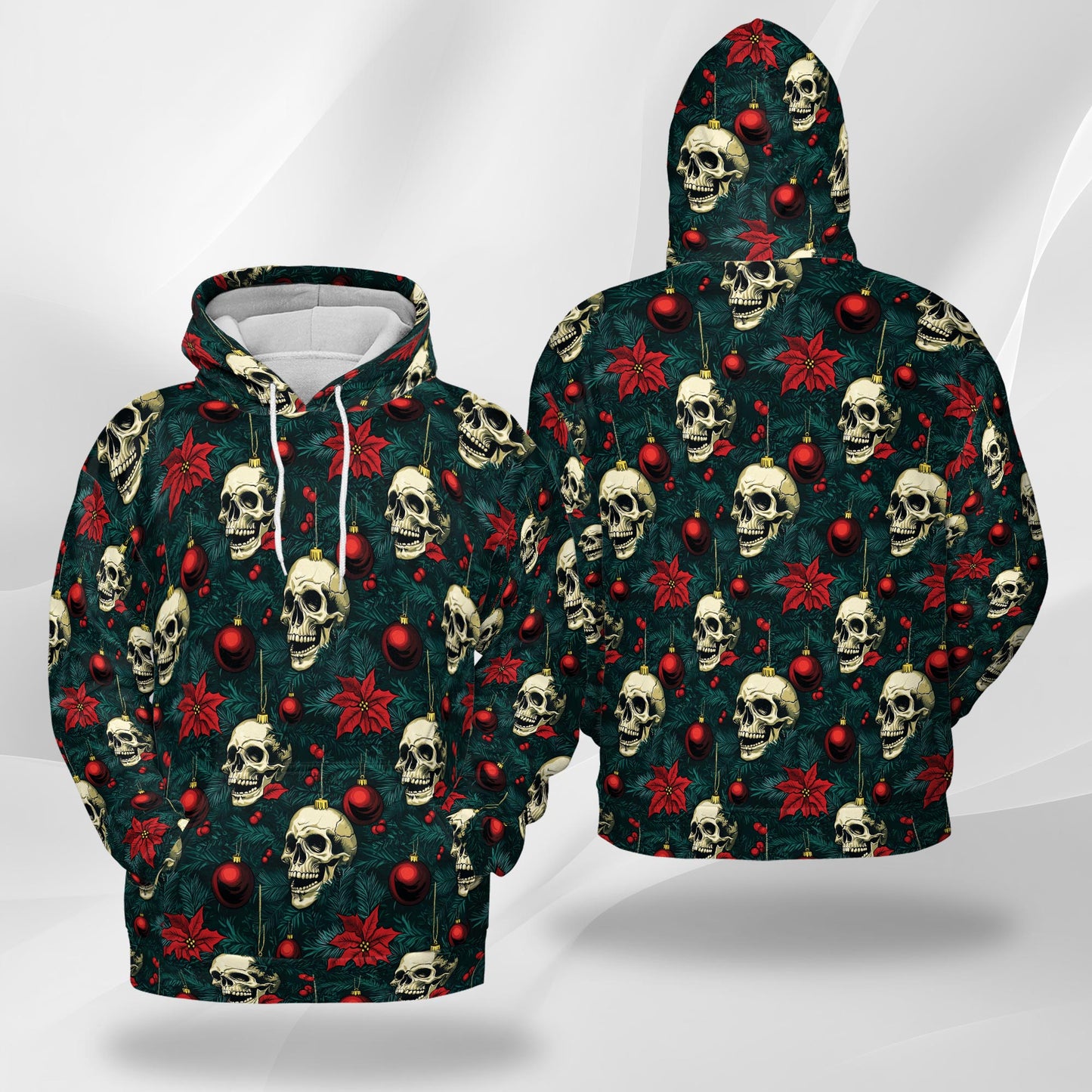 Netecom Skull Christmas Print Hoodie with Front Pocket, All Over Gothic Holiday Ornament Graphic Sweatshirt Unisex Casual