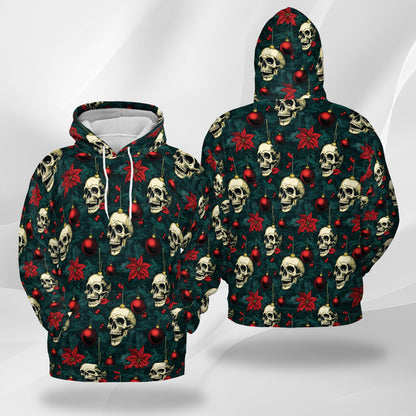 Netecom Skull Christmas Print Hoodie with Front Pocket, All Over Gothic Holiday Ornament Graphic Sweatshirt Unisex Casual