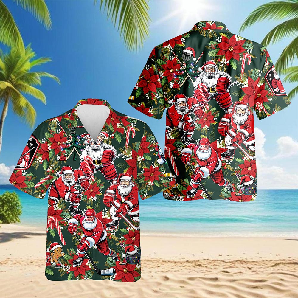 Netecom Santa Claus Hockey Hawaiian Shirt for Men, Funny Christmas Sports Aloha Button Down Summer Beach Shirt, S-5XL