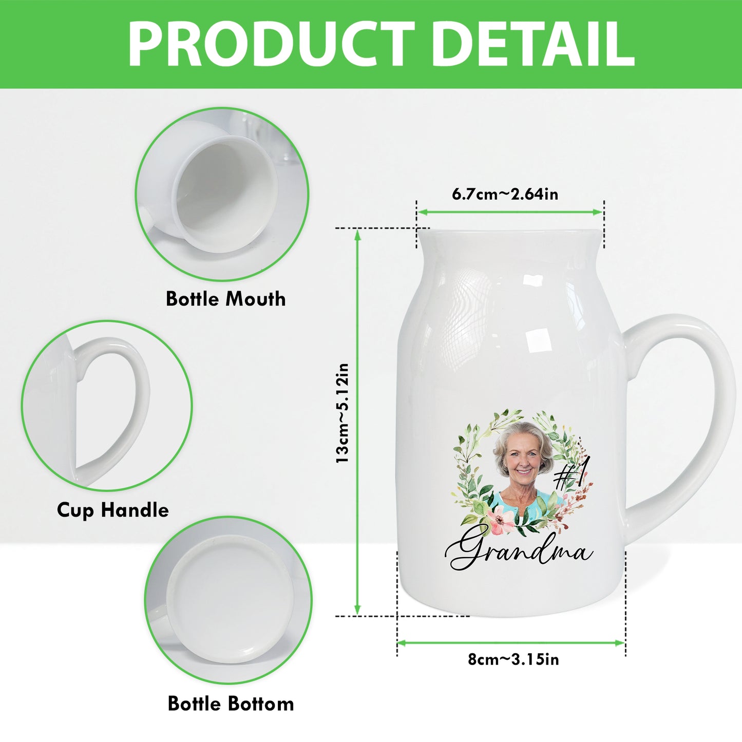 Netecom Personalized Ceramic Jug Vase with Custom Photo and Text, Unique Gift for Grandma, Mother’s Day, or Birthday