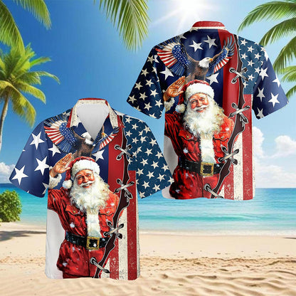 Netecom Patriotism American Christmas Hawaiian Shirt for Men, Santa Eagle USA Flag Button Down Summer Beach Shirts, S-5XL