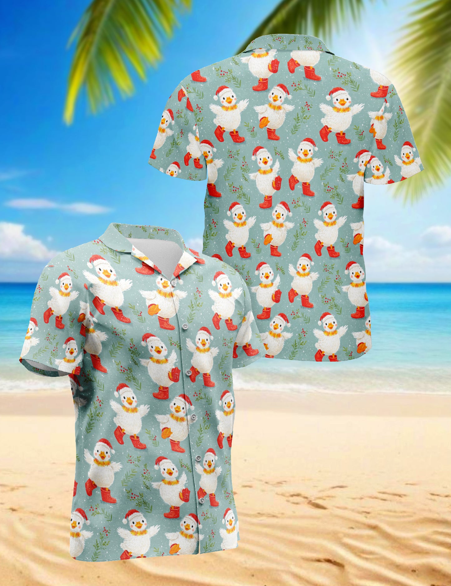 Netecom Snowy Christmas Duck Hawaiian Shirt for Men, Cute Duck Winter Print Button Down Short Sleeve Shirt