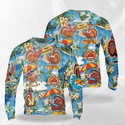 Netecom Thanksgiving Turkey Sweatshirt 3D All Over Print, Funny Hawaiian Beach Design, Crewneck Pullover for Costume Party