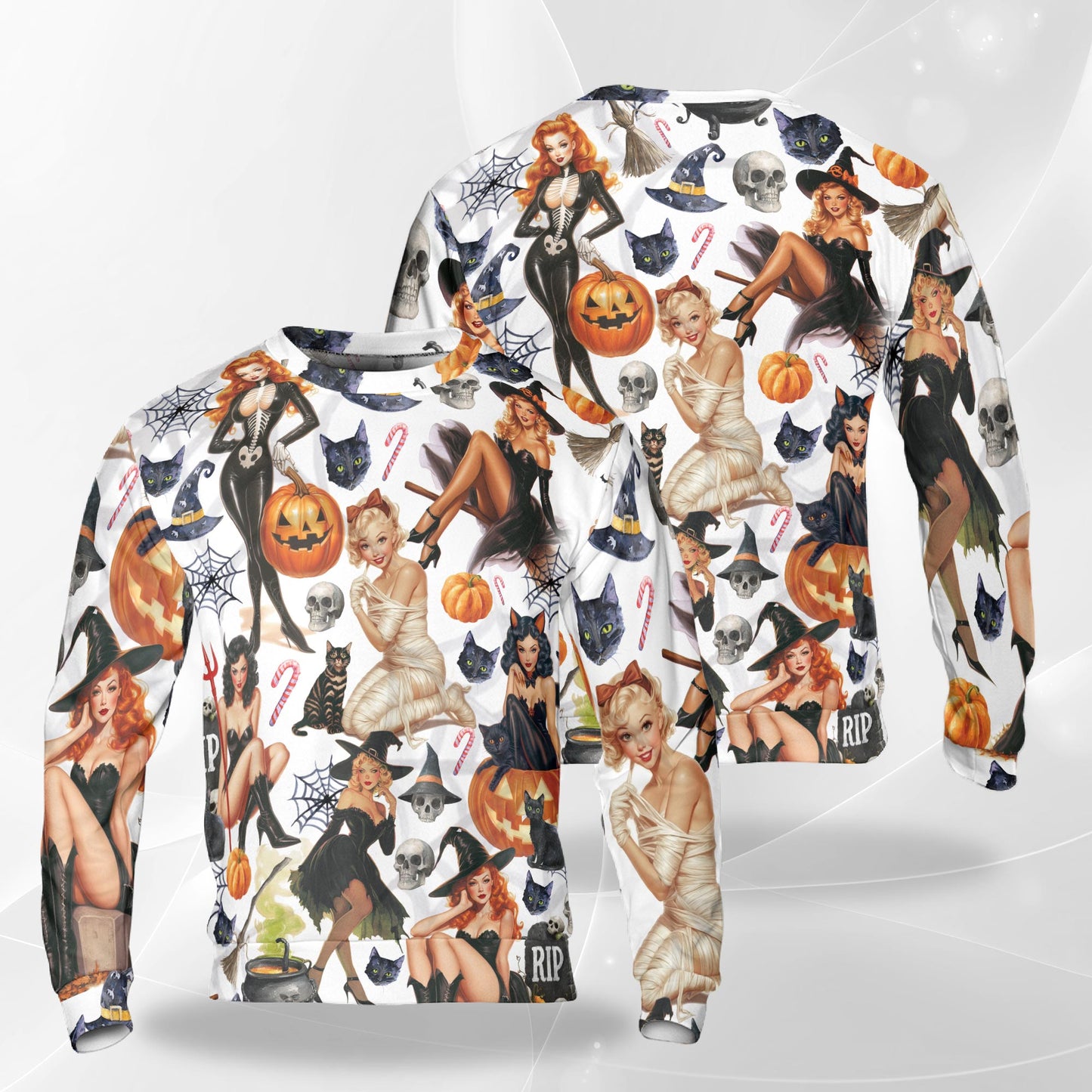 Netecom Halloween Pin Up Witch Sweatshirt 3D All Over Print, Retro Spooky Outfit, Crewneck Pullover for Costume Party