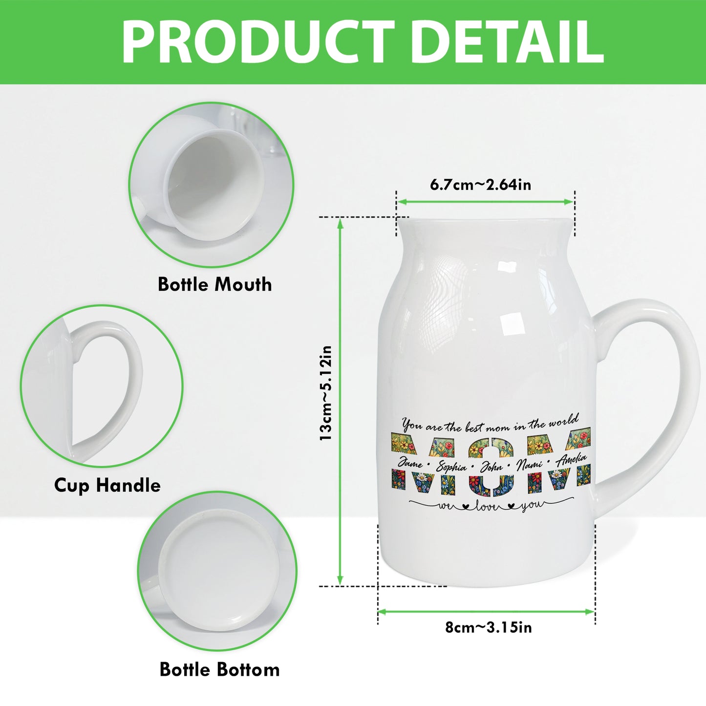 Netecom Personalized Floral MOM Ceramic Pitcher, Custom Name Vase for Birthdays, Mother’s Day, or Holiday Decor Gift
