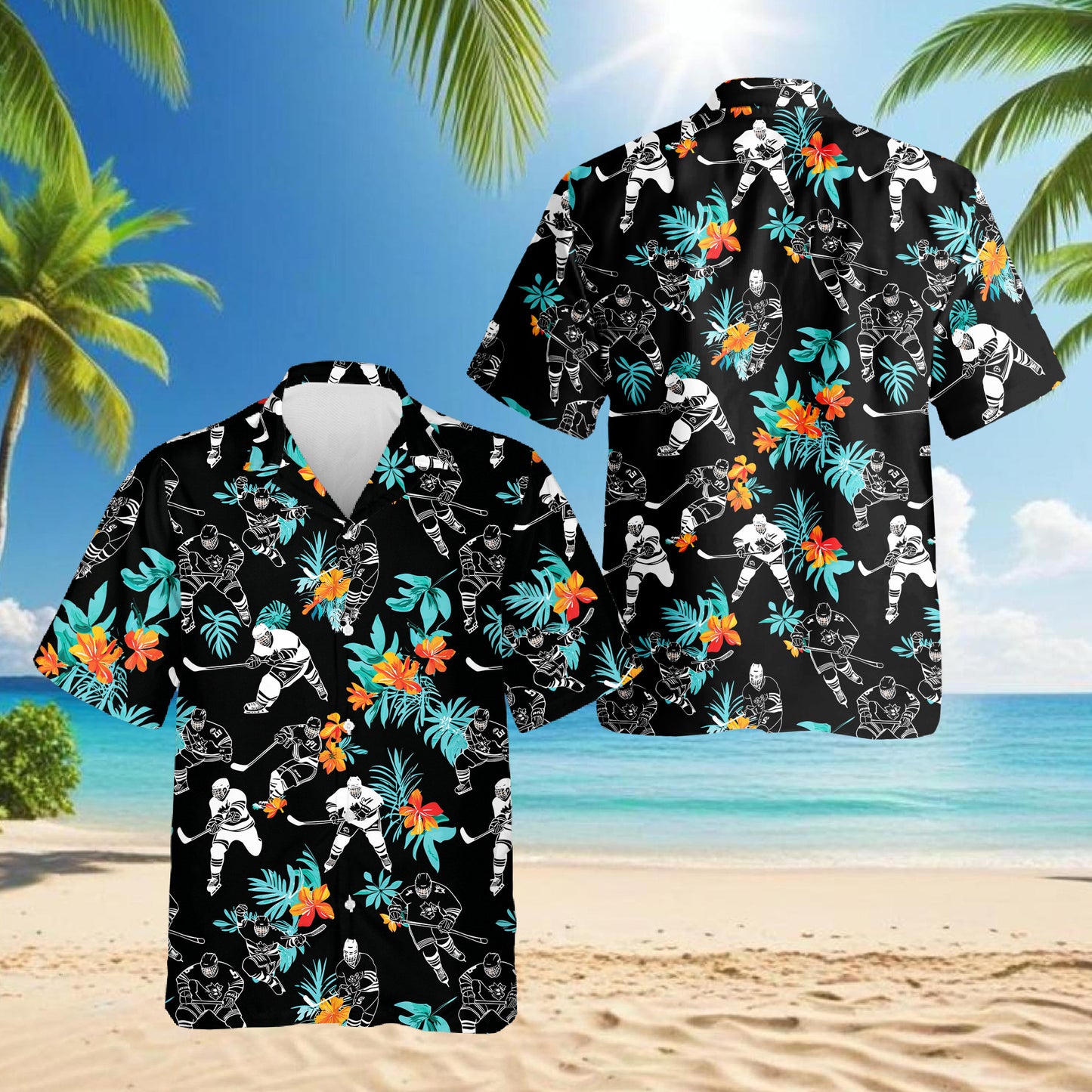 Netecom Ice Hockey Player Black Tropical Flower Hawaiian Shirt for Men, Button Down Summer Beach Short Sleeve, S-5XL