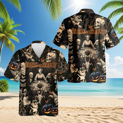 Netecom Vintage Skull Halloween Hawaiian Shirt for Men, Halloween Present, Skeleton Button Down Summer Beach Shirts, S-5XL