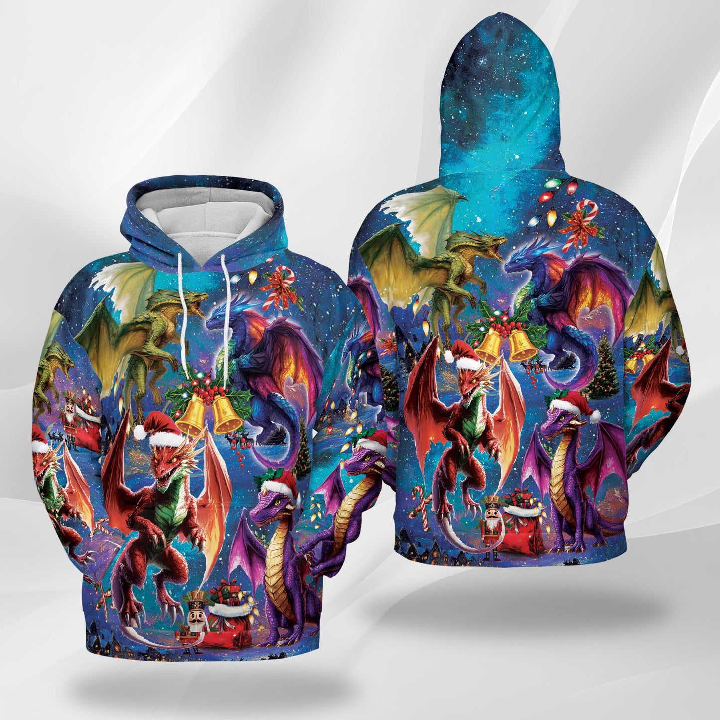 Netecom Christmas Dragon Print Hoodie with Front Pocket, All Over Fantasy Fire Dragon Graphic Sweatshirt Unisex Casual