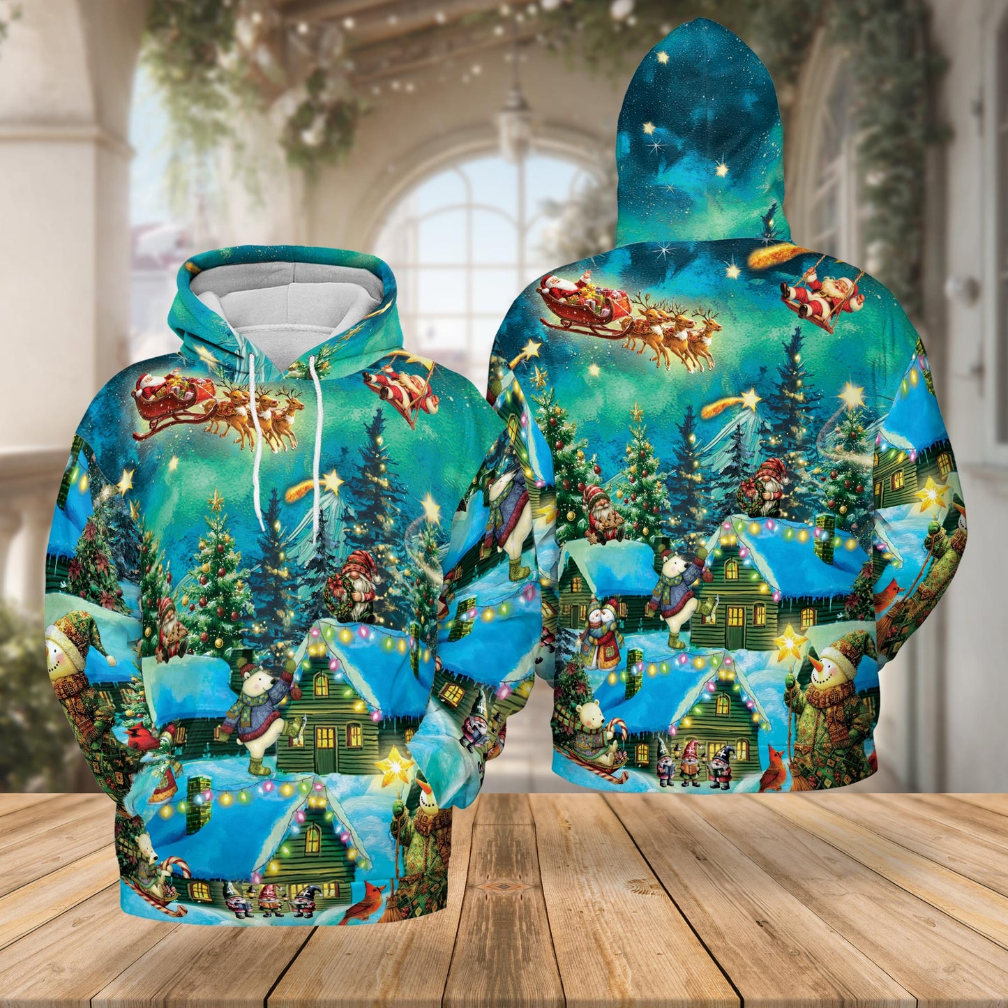 Netecom Magical Christmas Night Scene 3D Hoodie with Front Pocket, Unisex Casual All Over Santa Graphic Sweatshirt