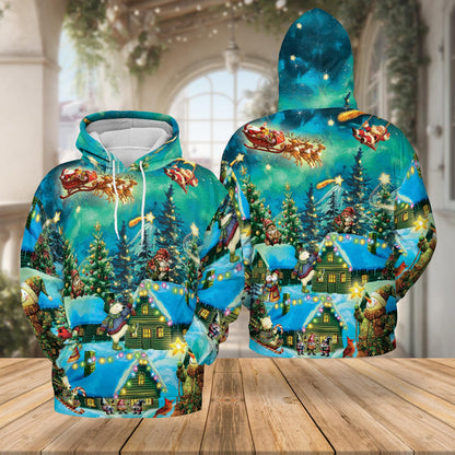 Netecom Magical Christmas Night Scene 3D Hoodie with Front Pocket, Unisex Casual All Over Santa Graphic Sweatshirt