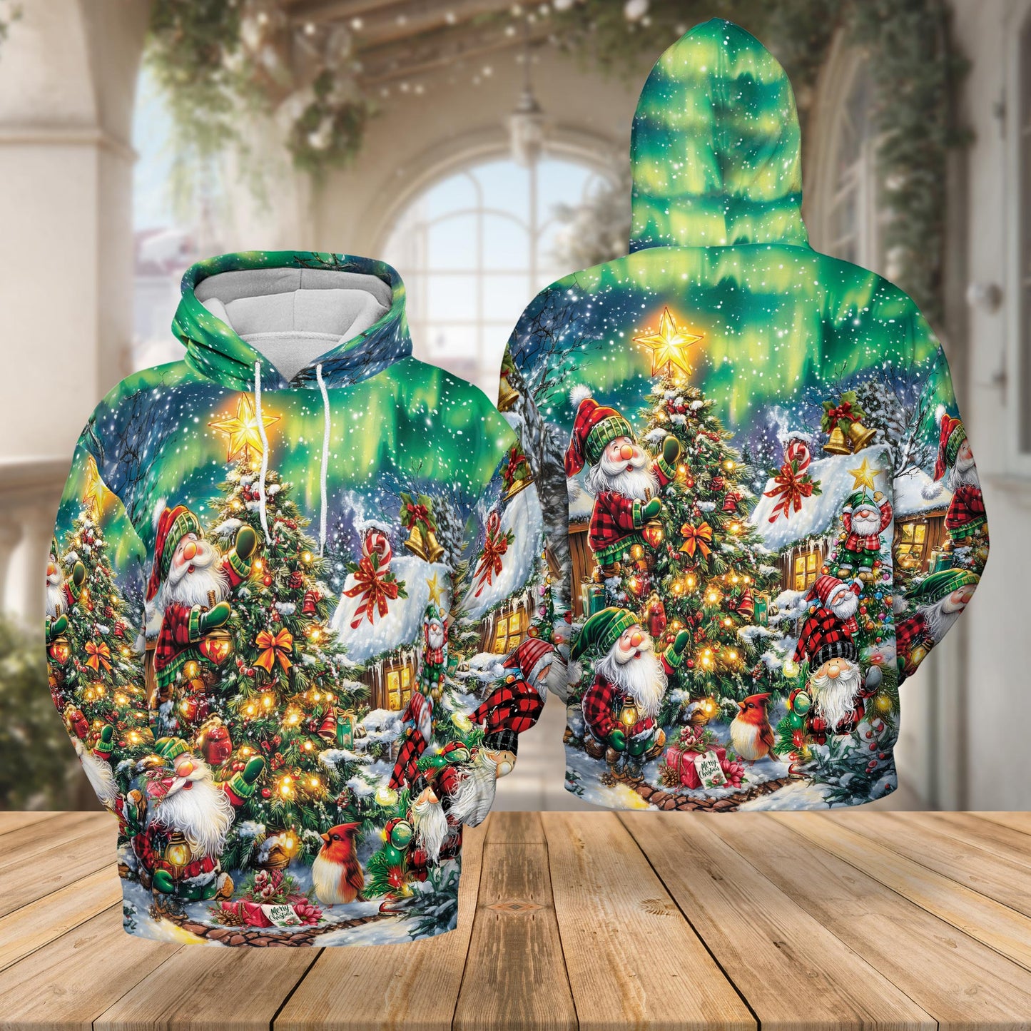 Netecom Christmas Gnome 3D Hoodie with Front Pocket, Unisex Casual All Over Funny Santa Xmas Graphic Sweatshirt
