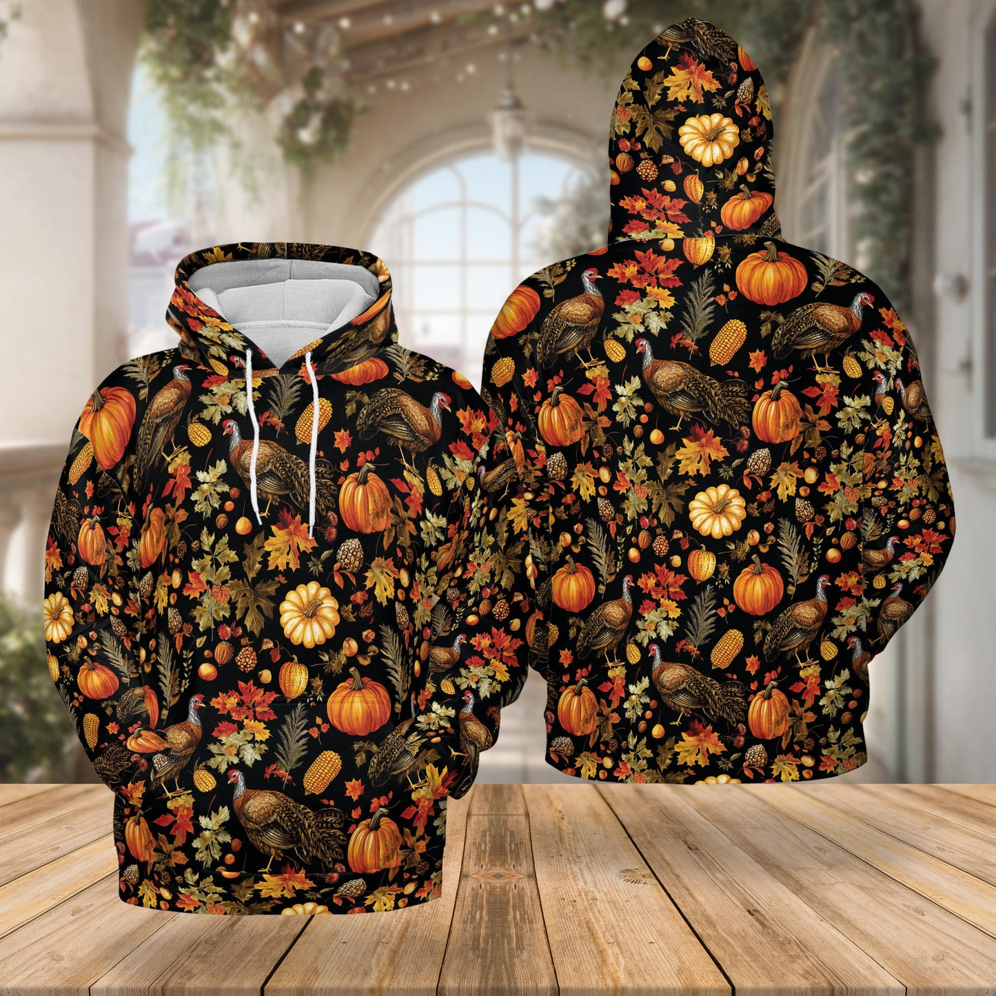 Netecom Happy Turkey Day Thanksgiving 3D Hoodie with Front Pocket, Unisex Casual All Over Pumpkin Graphic Sweatshirt