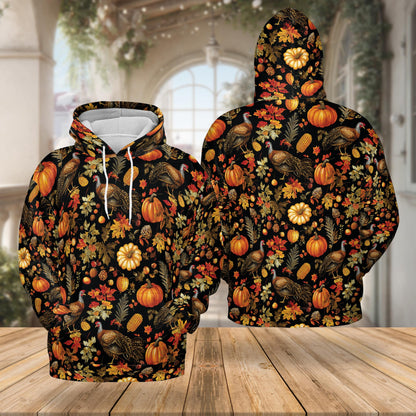 Netecom Happy Turkey Day Thanksgiving 3D Hoodie with Front Pocket, Unisex Casual All Over Pumpkin Graphic Sweatshirt