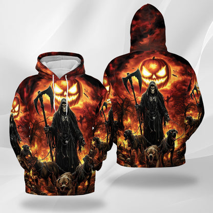 Netecom Grim Reaper Halloween 3D Print Hoodie with Front Pocket, All Over Graphic Dark Hellhound Sweatshirt Unisex Casual