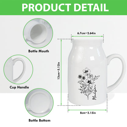 Netecom Personalized Birth Month Flower Pitcher Vase, Botanical Ceramic Jug with Custom Name, Meaningful Gift for Christmas, Mother’s Day, or Anniversary