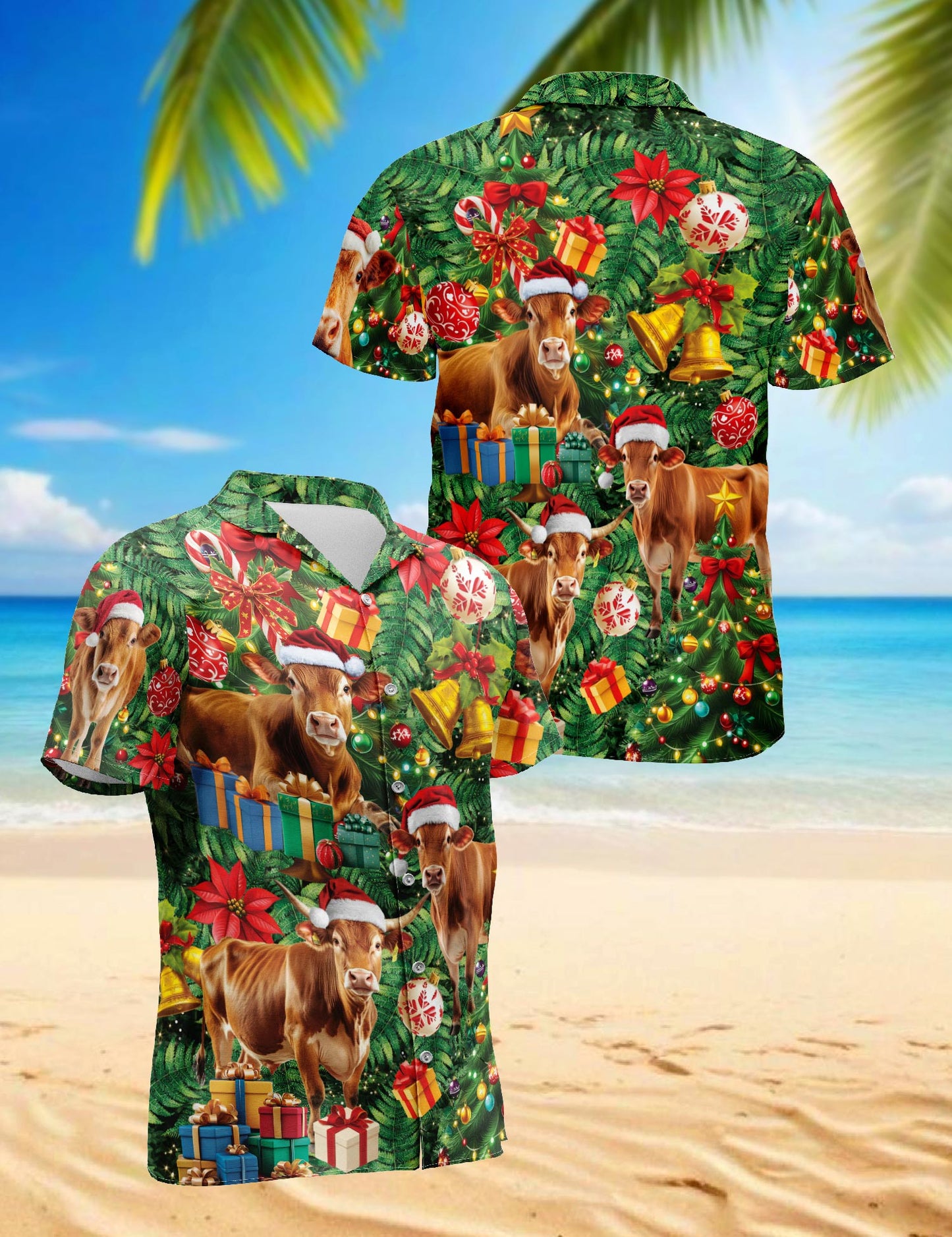 Netecom Christmas Cow Hawaiian Shirt for Men, Santa Hat Farm Animal Holiday Button Down Summer Beach Short Sleeve Shirt, S-5XL