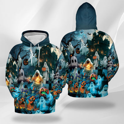 Netecom Halloween Ghost Print Hoodie with Front Pocket, All Over Graphic Ghost Skeleton and Pumpkin Sweatshirt Unisex Casual