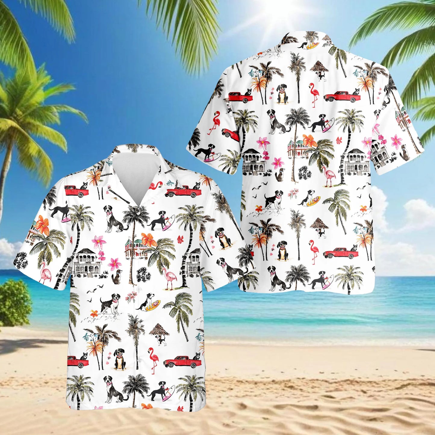 Coconut Rat Terrier Tree Flower Print Hawaii Dog and Owner Matching Button Hawaiian Shirts