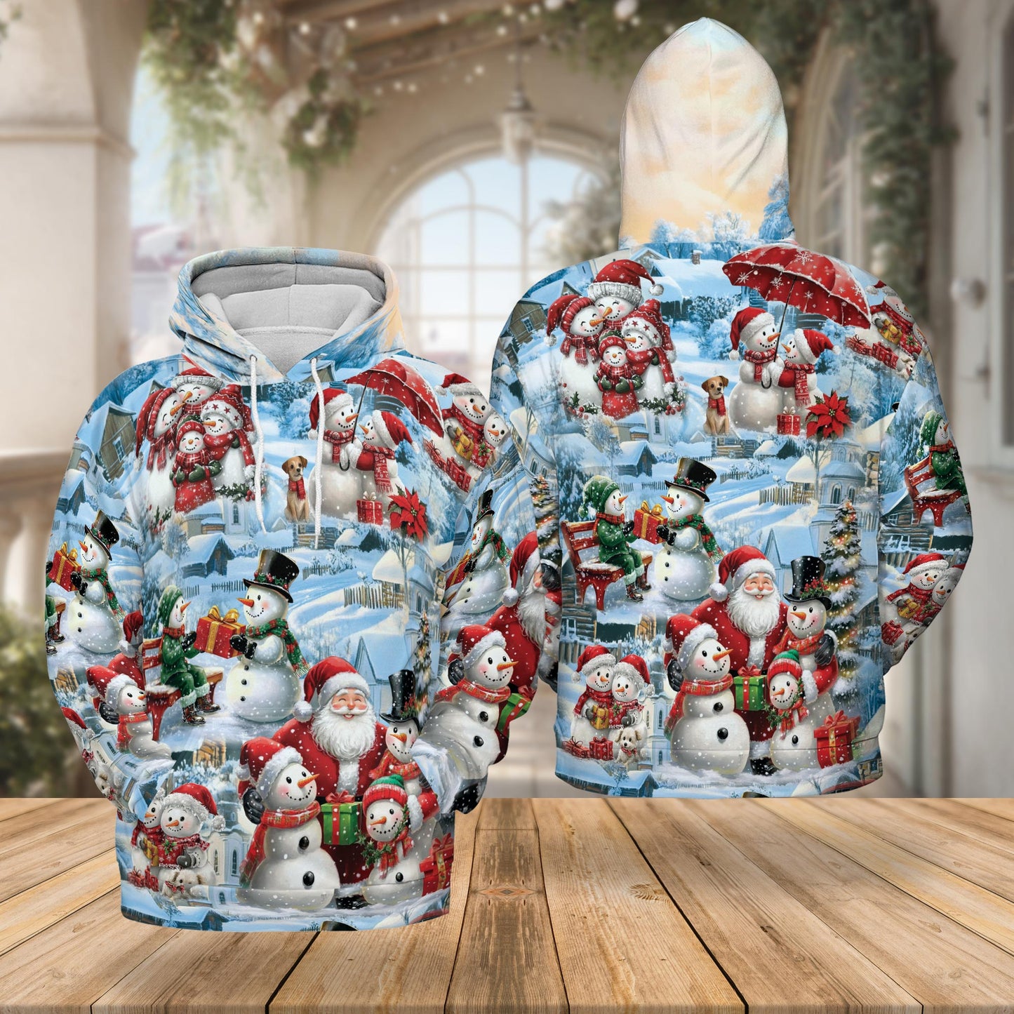 Netecom Snowman and Santa Claus Christmas 3D Hoodie with Front Pocket, Unisex Casual All Over Graphic Sweatshirt