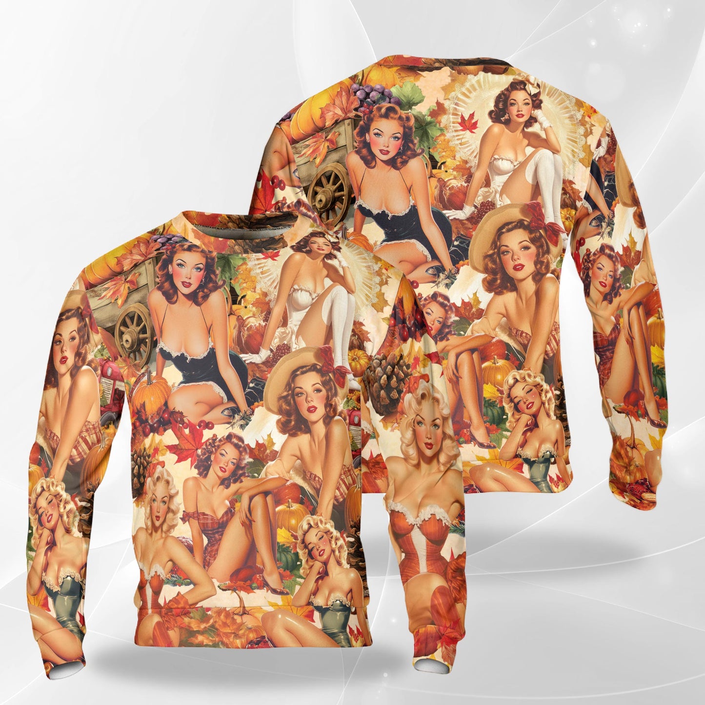 Netecom Vintage Pin Up Girl Thanksgiving Sweatshirt 3D All Over Print, Retro Autumn Style, Crewneck Pullover for Costume Party