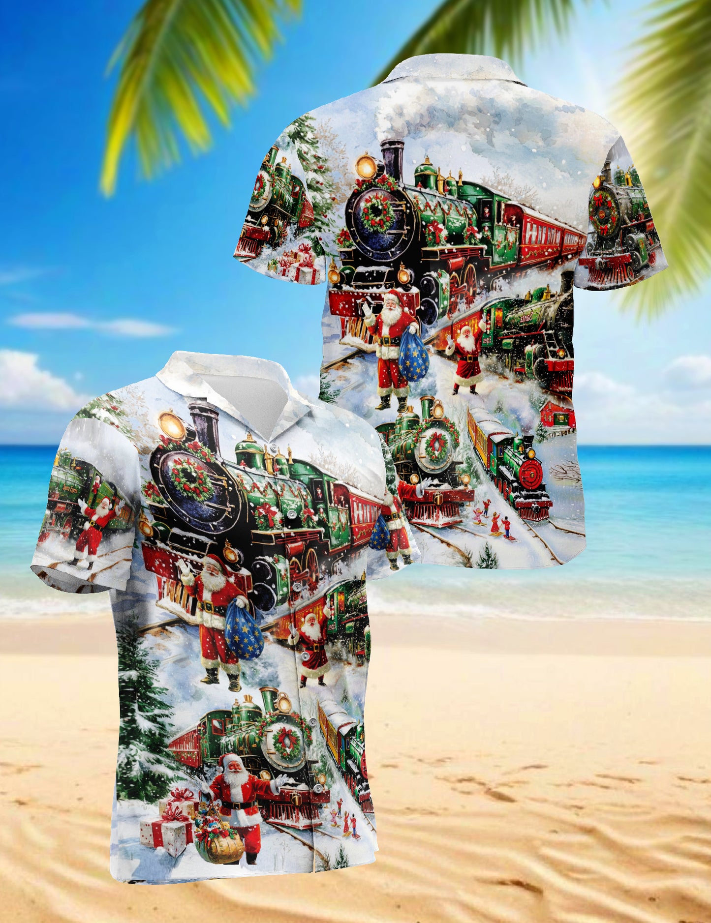 Netecom Christmas Train Hawaiian Shirt for Men, Vintage Santa Claus Winter Print Button Down Summer Beach Shirts