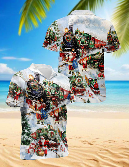 Netecom Christmas Train Hawaiian Shirt for Men, Vintage Santa Claus Winter Print Button Down Summer Beach Shirts